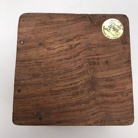 Vintage Hand Carved Wooden Box Inlay Flower Leaves Made In India Hinged Square - Picture 14 of 15